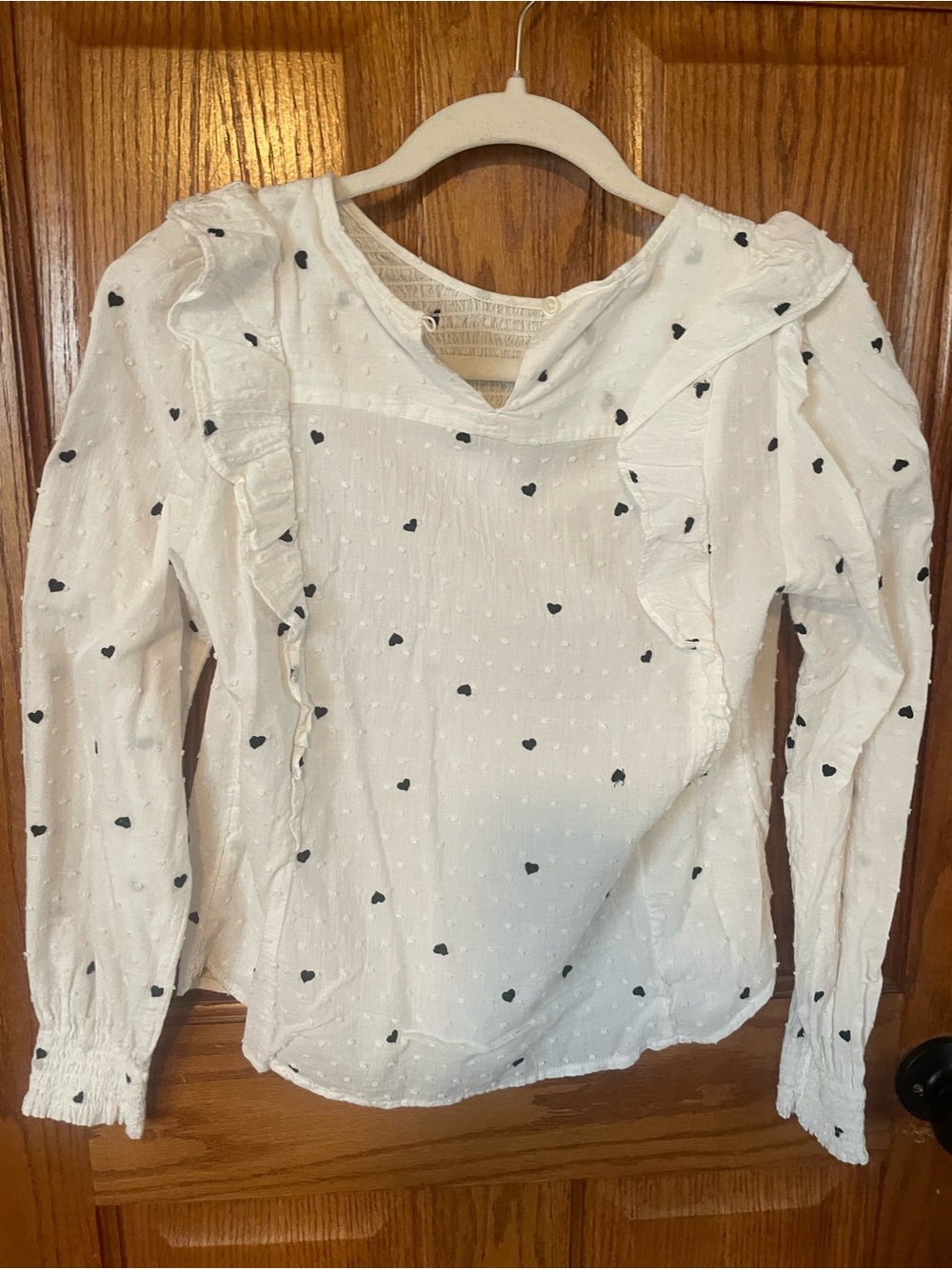 LOFT White Blouse with Black Heart Print and Ruffle Trim